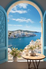 open window with a view to a beautiful greek scenery