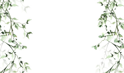 Watercolor painted greenery seamless frame. Green wild plants, branches, leaves and twigs. Isolated clipart.