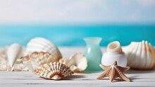 Summer Inspiration Vacation Composition Background With Beach Starfish And Shells On White Wooden Table. Generative AI