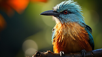 Colombian Blue-crowned Motmot, its vibrant plumage glistening in the sunlight. The bird's striking blue crest and tail feathers.
