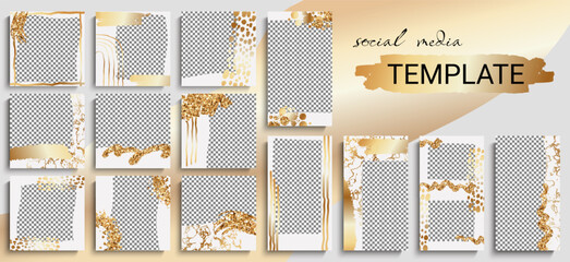 Poster - Instagram templates. Social media post, story frames with gold design, layout for ig highlights, insta covers. Transparent layer for images and text. Luxury art. Vector photo background