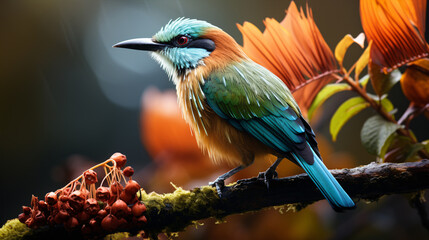 Colombian Blue-crowned Motmot, its vibrant plumage glistening in the sunlight. The bird's striking blue crest and tail feathers.