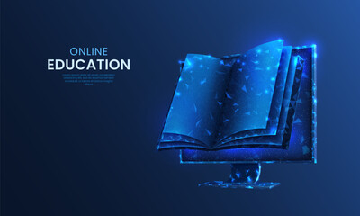 Poster - Digital learn. Online library. Electronic book. E-learning technology in computer. Science study in school. Smart training. Read literature. Education concept. Vector background design