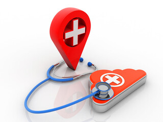 Poster - 3d rendering hospital navigation with cloud first aid box connected Stethoscope