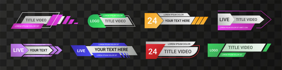 Aufkleber - Lower third title. Video templates, headline live name banners for soccer stream. Television or web broadcast headers. Geometric frame digital design. Streaming labels. Vector note set