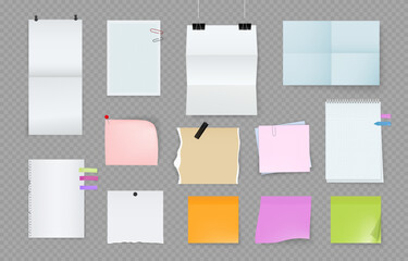 Poster - Notepad, paper notes collection. Pin, sticky memo pages, notebook sheets different colors, pad, sticker board and bulletin clip. Reminders on glue or adhesive tape. Vector isolated set
