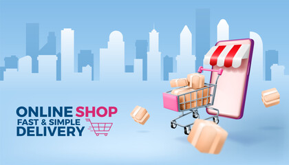 Aufkleber - 3d delivery. Fast shipment, trolley with cardboard boxes, order sale in phone, mobile box with food package, ad offer. Smartphone screen on urban background. Vector discount banner