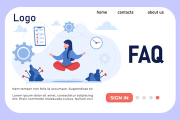 Aufkleber - Online meeting landing page. FAQ website design. Planning time and schedule. Customer support. Frequently asking questions. Help to clients. Efficient management. Vector web banner template