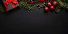 Merry Christmas Banner With Blank Space For Text Top View Black Background Gift Boxes Fir Tree Branches Red Ornaments With Generative AI Technology