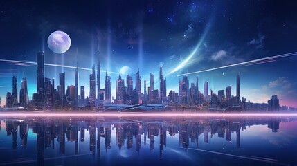 Poster - Cityscape with neon light effect and spaciousness. Science, futuristic technology, and modern hi-tech, with generative ai