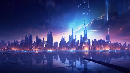 Poster - cityscape with space and neon light effect. Modern hi-tech, science, futuristic technology, with generative ai