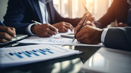 Poster - bookkeepers working with a balance sheet to analyze problems and find solutions in order to develop a business organization and a stock market system, with generative ai