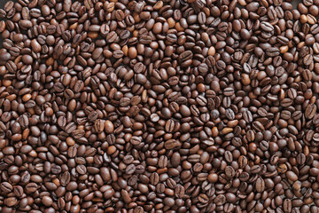 Wall Mural - Top view of background representing halves of dark brown coffee beans. Roasted coffee beans, copy space