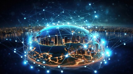 Poster - Global Network: A mesmerizing visualization of a futuristic cityscape enveloped in a glowing network of interconnected lines and nodes, symbolizing the interconnectedness of our global society.