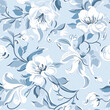 seamless white floral pattern on blue background, in the style of goosepunk, atmospheric inkwork, indian motifs, detailed botanical studies, light gray, 18th century, high resolution