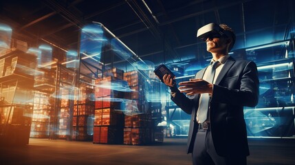 Future virtual reality technology for creative VR warehouse management. Smart technology concept for industrial revolution and automated logistic control, with generative ai