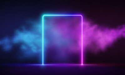 Poster - Glowing neon pink square with vibrant fog abstract background. Electric light frame. Geometric fashion design vector illustration. Empty minimal art decoration. 80s neon square frame,  square shape, e