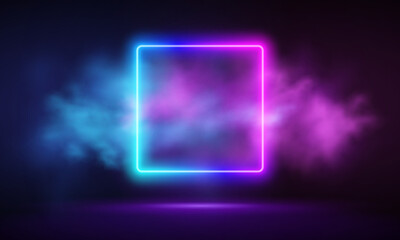 Poster - Glowing neon pink square with vibrant fog abstract background. Electric light frame. Geometric fashion design vector illustration. Empty minimal art decoration. 80s neon square frame, square shape, em