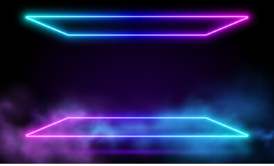 Poster - Glowing neon pink squares with vibrant fog abstract background. Electric light frame. Geometric fashion design vector illustration. Empty minimal art decoration. 80s neon square frame,  square shape, 