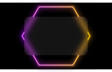 Poster - Glass morphism credit card template. Plastic rectangle.Glow light hexagon black finely background with blured glass in glassmorphism style. Abstract modern banner, hexagon laser neon light, blur effec