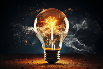 burning incandescent light bulb on grunge background with smoke