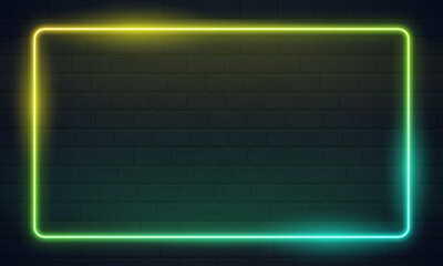 Poster - Futuristic Sci Fi Modern Neon Gradient Glowing Rectangle Frame for Banner on Dark Empty Grunge Concrete Brick Background. Vector Vintage Purple Pink Blue Violet Colored Lights. Retro Neon Sign