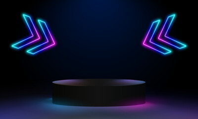 Poster - Futuristic Arrow Shaped Neon Lights Glowing Vibrant Blue Purple Corridor Grunge Concrete Dark Reflective Virtual Podium. Abstract cosmic vibrant color podium backdrop. Glowing neon lighting on dark ba