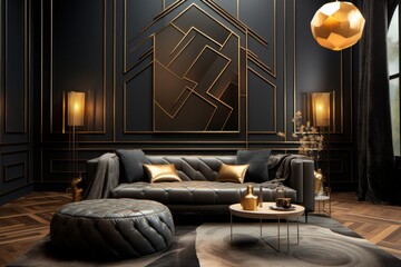 Wall Mural - luxury bedroom interior with black walls, carpet on the floor, black sofa and armchair with gold pil
