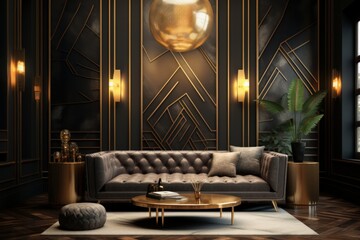 Wall Mural - interior of modern living room with sofa, coffee table and gold wall. 3d rendering