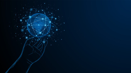 Aufkleber - Abstract hand holding the world. Global connection network. World map. Internet technology concept or global communication.