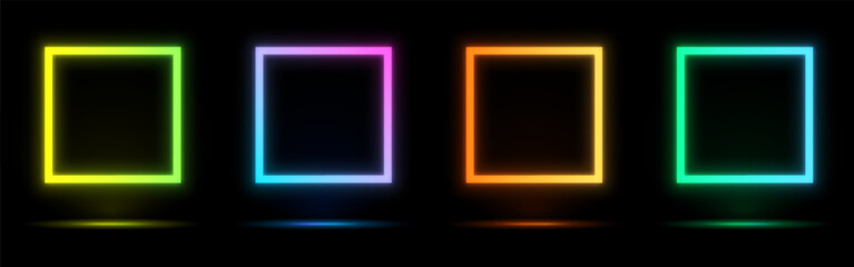 Poster - Neon square of blue, red-purple, green illuminate frame design. Abstract cosmic vibrant color square backdrop. Collection of glowing neon lighting on dark background with copy space.Futuristic style. 