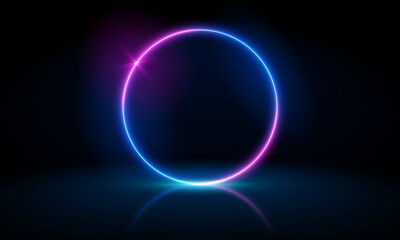 Poster - Vector 3d render, blue neon round frame, circle, ring shape, empty space, ultraviolet light, 80's retro style, fashion show stage, abstract background, illuminate frame design. Abstract cosmic vibrant