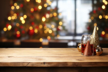 Empty Wooden Table In Front Of Christmas Tree. Space For Text