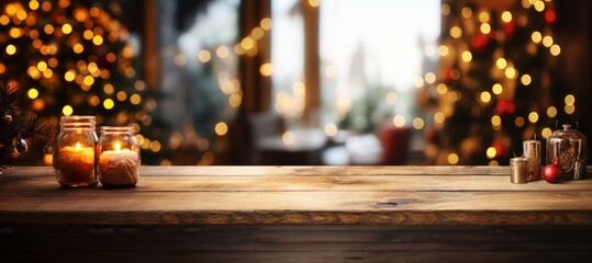 Wall Mural - empty wooden table with christmas decorations in front of a blurred background