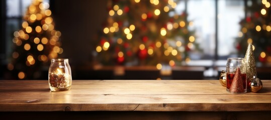 Wall Mural - Empty wooden table in front of christmas tree background. Ready for product display montage