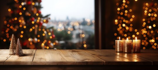Wall Mural - wooden table with christmas tree and bokeh background.