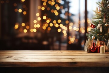 Wall Mural - wooden table in front of christmas tree and lights bokeh background