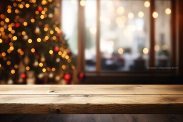 Wall Mural - wooden table in front of blurred christmas background with bokeh lights