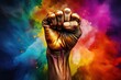 Fist of a man clenched in a fist on a colorful background