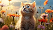 In A Blooming Field, A Cat Looks Up Amidst Flowers, Embraced By Summer Sunshine And Natural Beauty. Generative AI