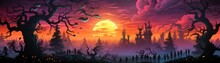 A Painting Of A Sunset With Trees And A Fence. Painting, Sunset, Trees, Fence, Lighting, Colors, Halloween Template. Generative AI