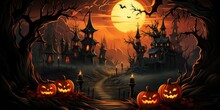 A Halloween Scene With Pumpkins And A Full Moon. Jackolanterns, Pumpkin Carving, Full Moon, Costumes, Haunted Houses, Trickortreating. Generative AI