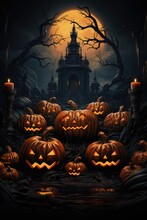 A Group Of Pumpkins Sitting In Front Of A Castle. Pumpkin Decorations, Castle Architecture, Creative Display Ideas, Fall Harvest Traditions, Spooky Ambience, Halloween Template. Generative AI