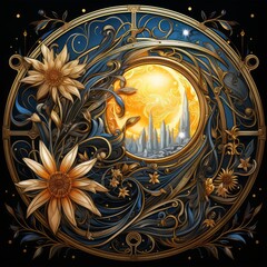 Wall Mural - sunset over the sea with sunflowers and waves. vector illustration. illustration with sunflowers on 