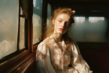 Portrait Of A Woman/model/book Character In A Vintage Train With Floral Details In A Fashion/beauty Editorial Magazine Style Film Photography Look  - Generative Ai Art