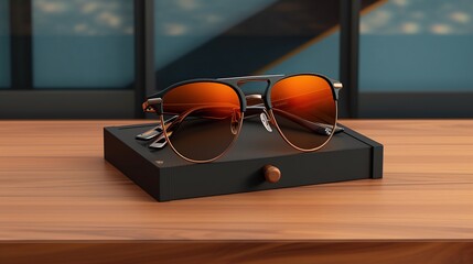 product podium displaying a pair of stylish sunglasses with trendy frames and UV protection