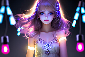 Wall Mural - A beautiful girl with lights. Generative AI