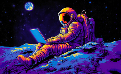 Wall Mural - illustration astronaut in space with a laptop. ai generation