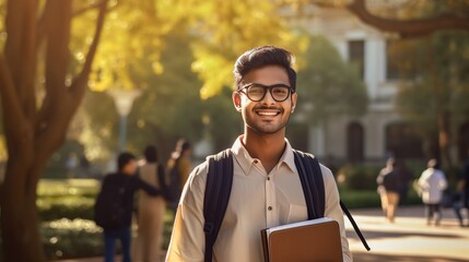Portrait of an Indian student guy smiling on the background of the university. AI generation