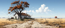 The Painting Shows An Abandoned House And The Tree With Fall Foliage On The Ground Generated By AI